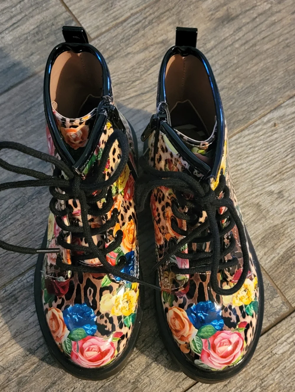 Betsey Johnson BK-JOHN Leopard Floral Combat Boots Lace Up Chunky Lug Sole NEW